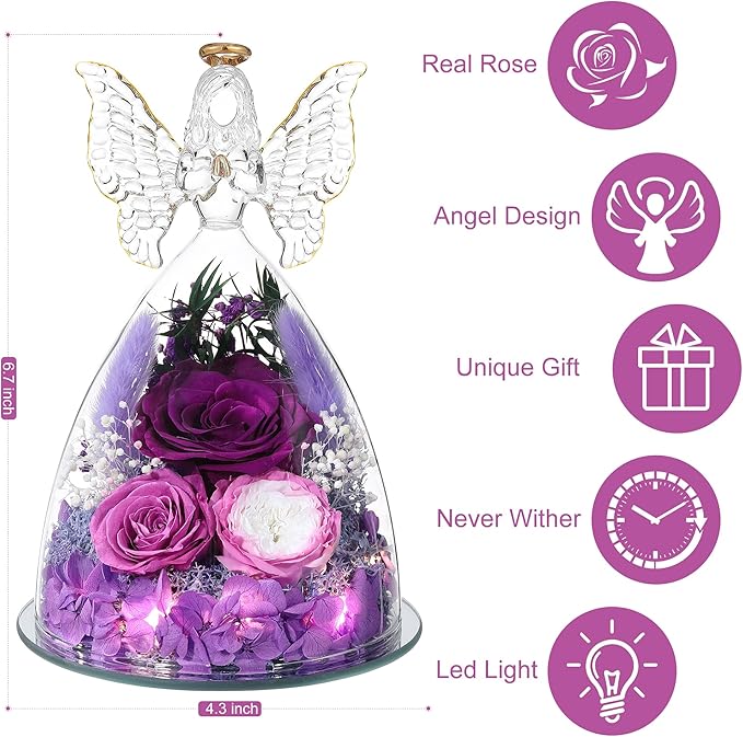 Christmas Rose Gifts for Women Preserved Real Flower in Glass Angel Figurines Roses for Delivery Prime Birthday Gifts for Mom Grandma Girlfriend Wife Her, Purple Austin Roses