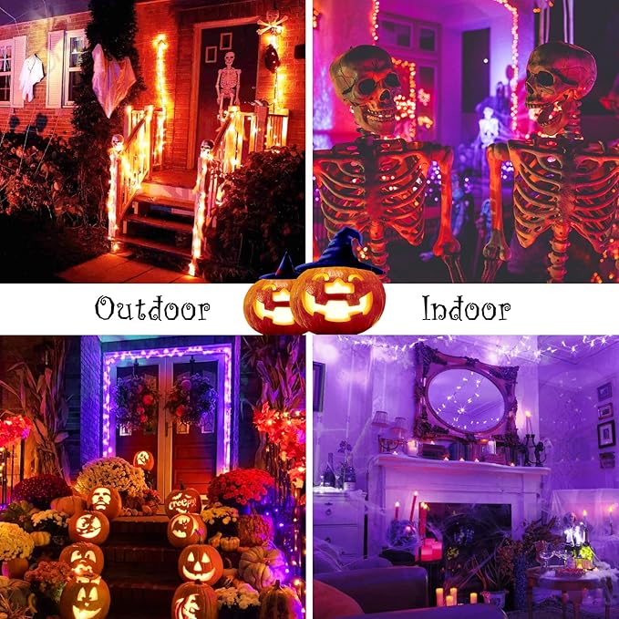 JMEXSUSS 2 Pack 33ft 100 LED Orange Purple Halloween Lights Indoor Outdoor, Color Changing Christmas Lights Plug in, Connectable Clear Wire String Light for Christmas Tree Party Xmas Decorations