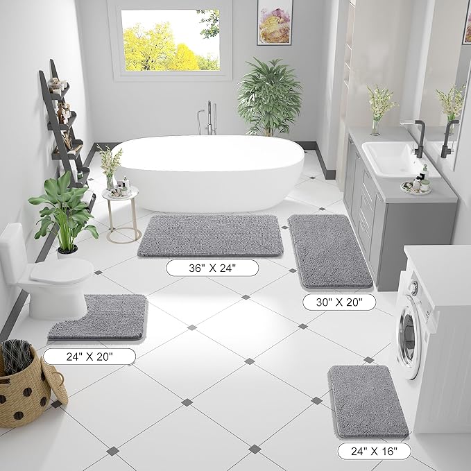 OLANLY Bathroom Rugs 47x17, Extra Soft Absorbent Chenille Bath Rugs, Rubber Backing Quick Dry, Machine Washable Bath Mats for Bathroom Floor, Tub and Shower, Home Decor Accessories, Grey