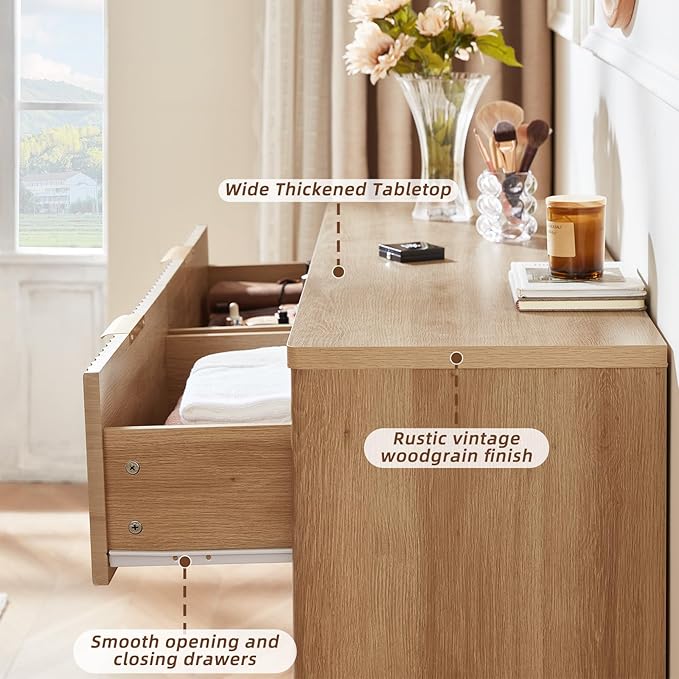 LEYAOYAO Fluted 6 Drawers Dresser, 48" Wide Modern Chest of Drawers with Wood Grain Top, Curved Profile Design, Dresser TV Stand, Wood Drawer Organizer for Bedroom, Living Room, Hallway,Natural