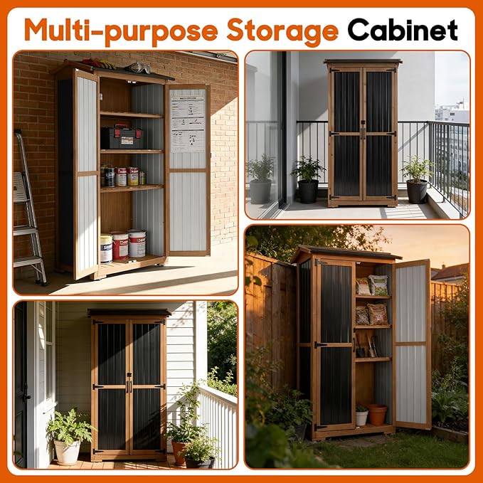 Outdoor Storage Cabinet, Wood & Metal Storage Shed with Weatherproof Roof, 3 Removable Shelves, Lockable Door, Adjustable Feet, Outside Storage Cabinet for Patio