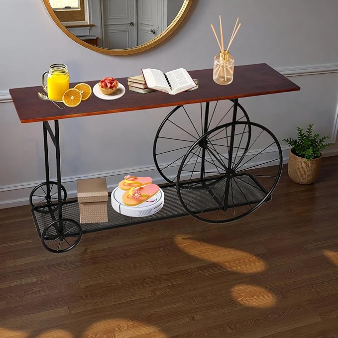 Topower Industrial Style Double Layer Iron Cart Wooden Desktop Center Table, Farmhouse Coffee Table with Wheels for Living Room, Entryway, Coffee Shop, Black