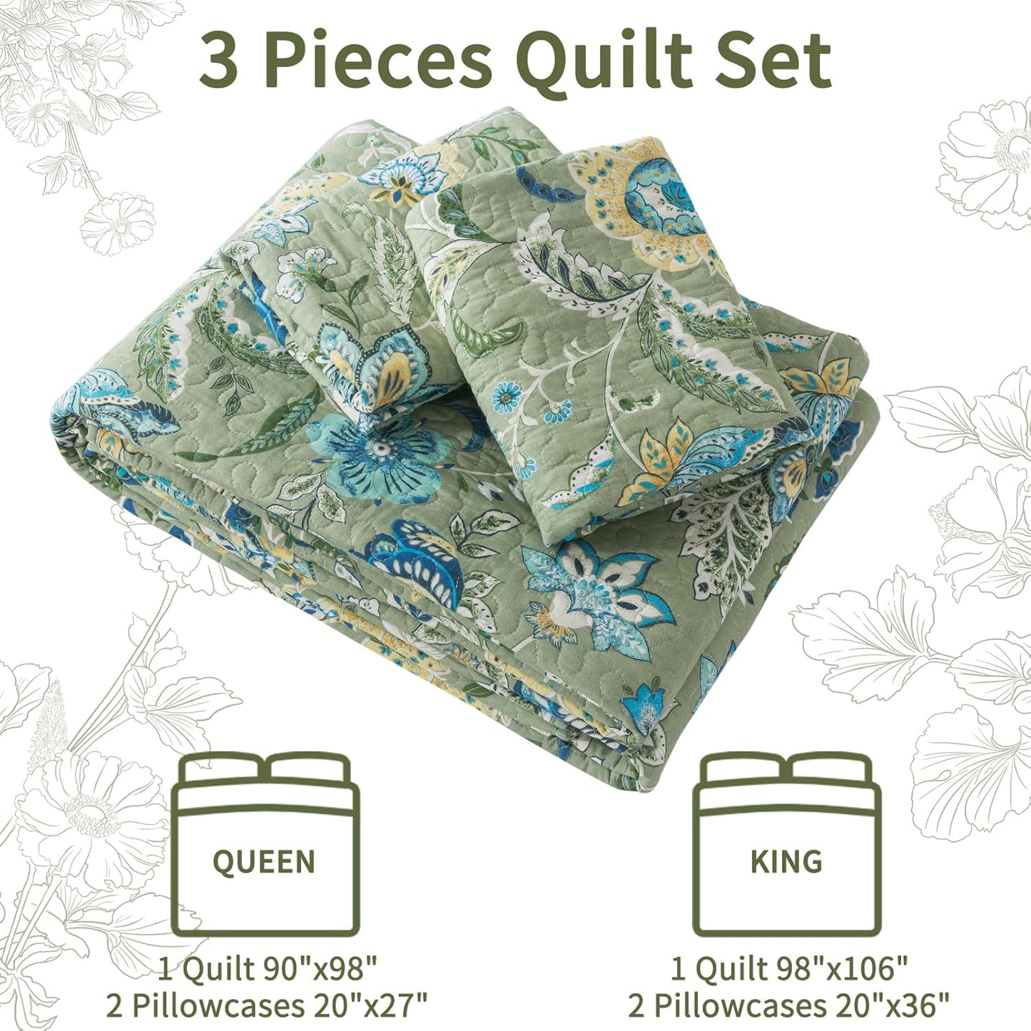 VAPUTAR Queen Quilt Bedding Set - Cotton Bedspreads Queen Size (90 x 98 inch) with Floral Pattern, Farmhouse Lightweight Queen Size Quilt Suitable for All Season(3 Pieces, Olive Green)