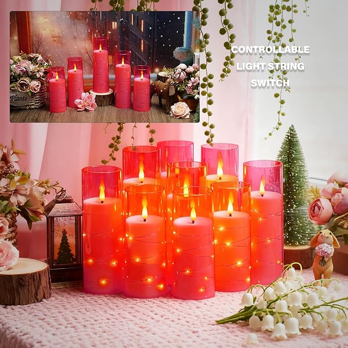 Flameless LED Candles with Timer 9 Pc Flickering Flameless Candles for Romantic Ambiance and Home Decoration Stable Acrylic Shell,with Embedded Star String,Battery Operated Candles(Pink)
