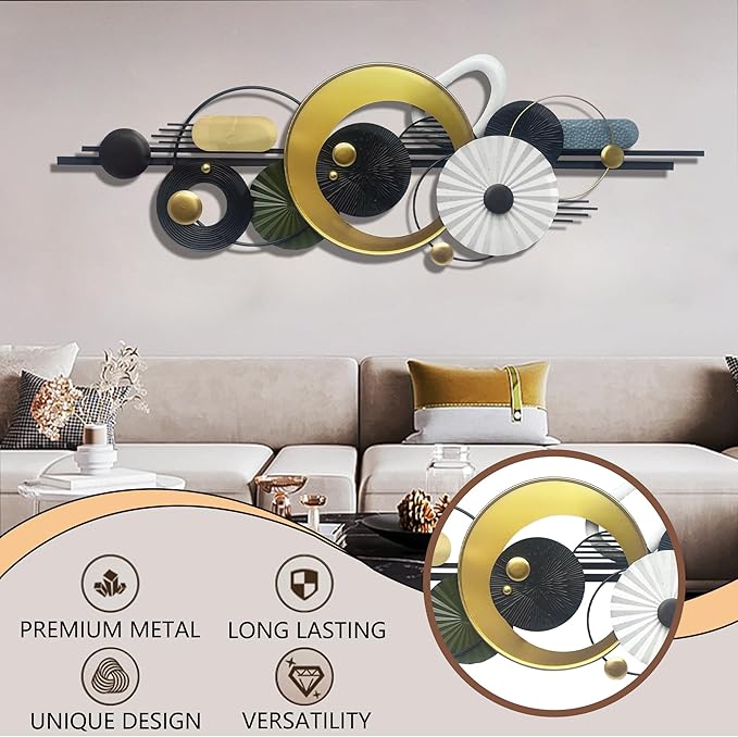 Metlzks Modern Abstract Metal Wall Art,Large 59×20 Inches Wall Decor, Geometric Circles Design Wall Sculptures, Gold Black White, Wall Decoration for Living Room Bathroom Bedroom Dining Room