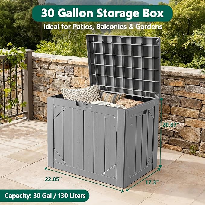 Outdoor Storage Box, 30 Gallon Deck Box Outdoor Storage Bench Outside Waterproof Resin Storage Bench, Lockable Patio Cushions, Garden Tools Storage For Furniture, UV Resistant (Gray)