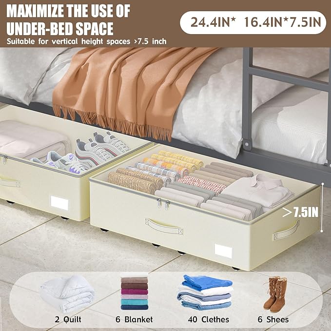 Under Bed Storage with Wheels, No Assemble Required 7.5 inches height Under Bed Storage bins,Large capacity Rolling Under bed Shoe Storage containers,dorm under bed storage drawers