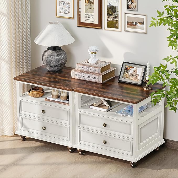 Farmhouse Nightstand Set of 2 with Charging Station, 24" Wide End Table with 2 Drawers,Dresser for Bedroom,Bed Side Table Chest of Drawers Cabinet,Wood White Night Stand for Living Room