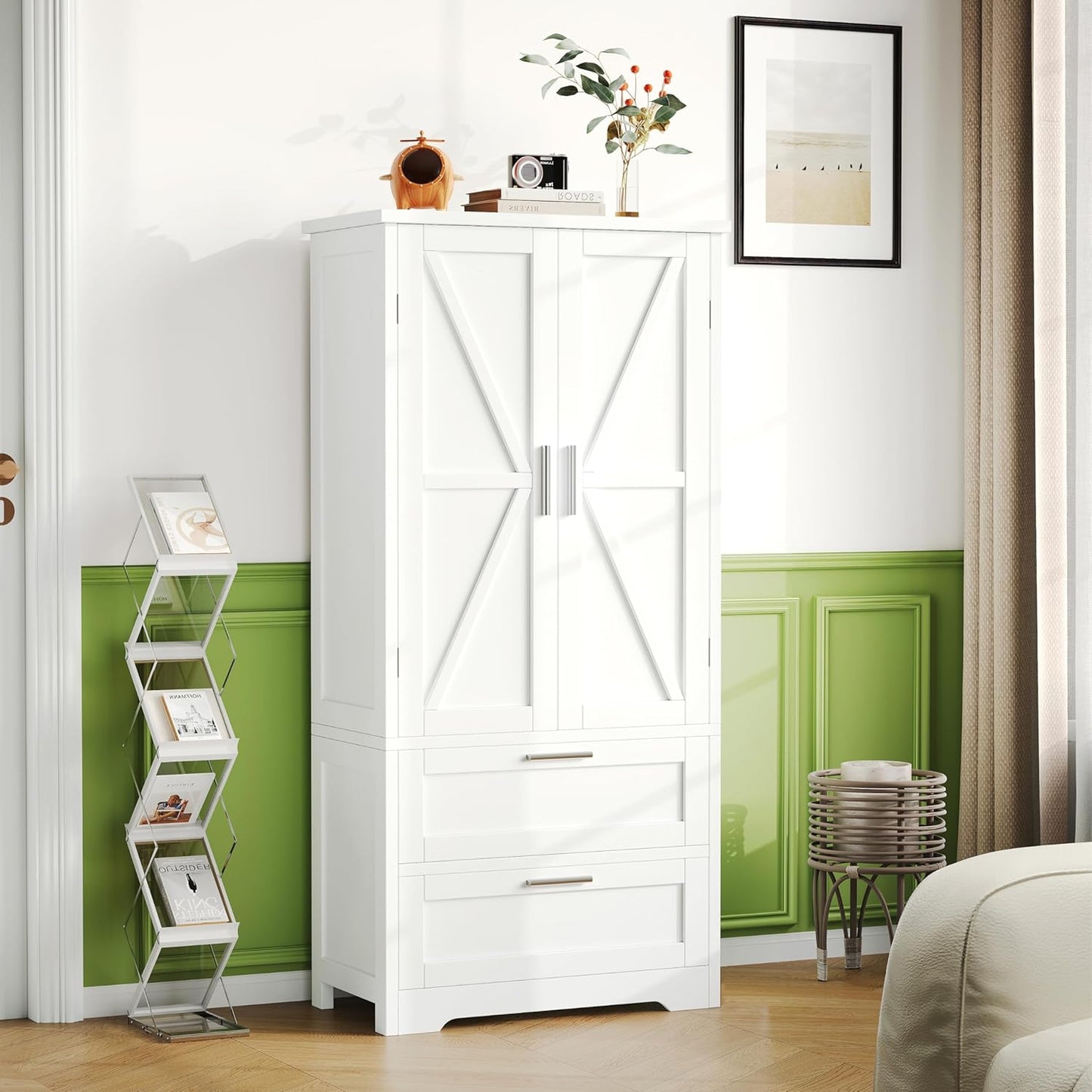 50.4" H Bathroom Storage Cabinet, Modern Floor Cabinet with Adjustable Shelf, Small Pantry with 2 Doors & Drawers, Storage Cabinet for Bathroom, Living Room, Kitchen, White KES007WCWG