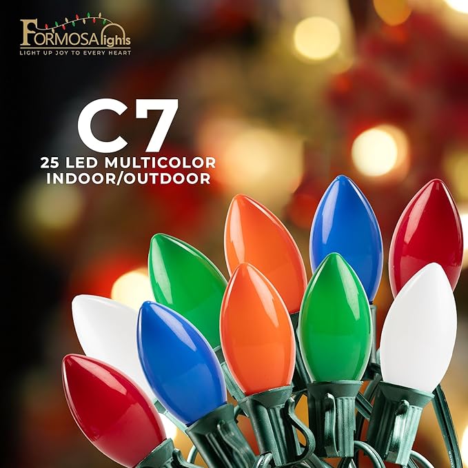 C7 26ft Indoor/Outdoor Opaque Multicolor LED Christmas String Lights with 25 Bulbs | 120V, 0.6W