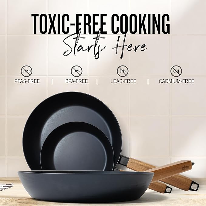 Alva Forest 11" Carbon Steel Frying Pan – Naturally Nonstick, Pre-Seasoned, with Acacia Wood Handle, Made Without PTFE, PFOA, PFAS – Sustainable Belgian Design, Induction & All-Stovetop Safe