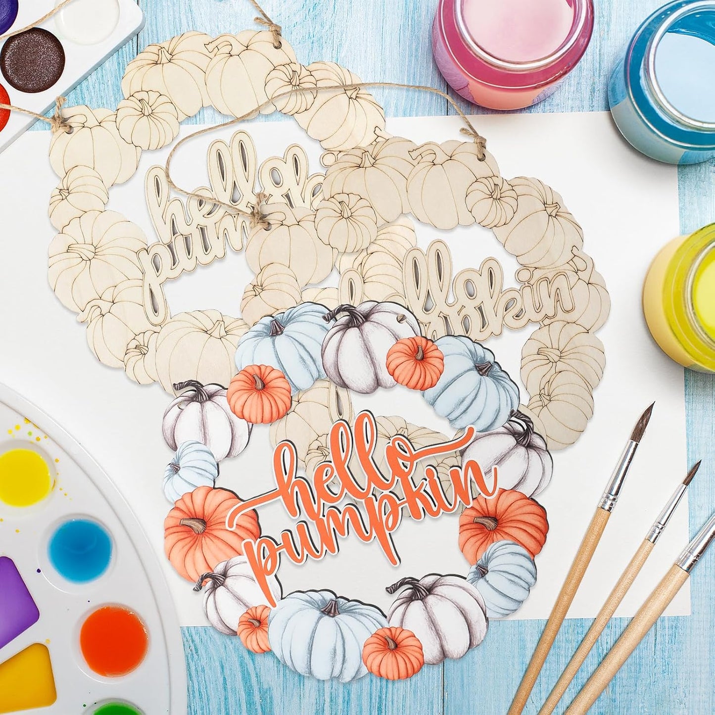 Unfinished Fall Wreaths Wood Crafts to Paint Set of 3, 11" Bulk Fall Pumpkin Wreath Ornaments for Painting, Unfinished Wood Cutouts DIY Ornaments for Front Door with Ropes (Pumpkin)