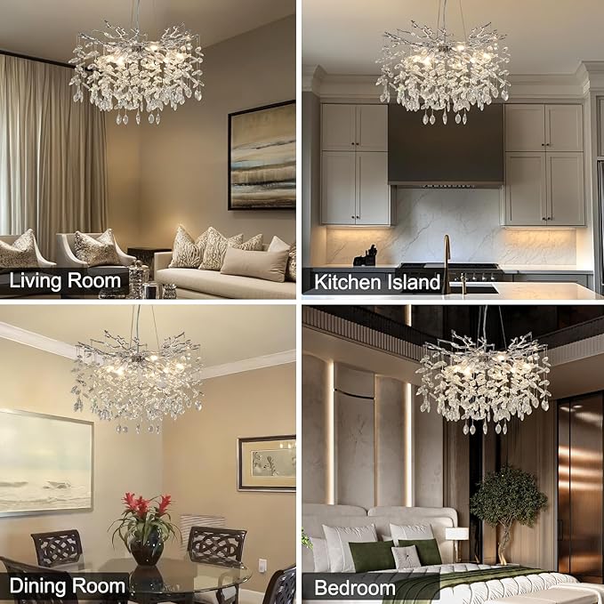 Modern Crystal Chandelier, 23.6" Silver Tree Branch Chandelier, 8-Lights Round Contemporary Luxury Raindrop K9 Crystal Pendant Light Fixture for Dining Room Living Room Foyer Entryway Bedroom Kitchen