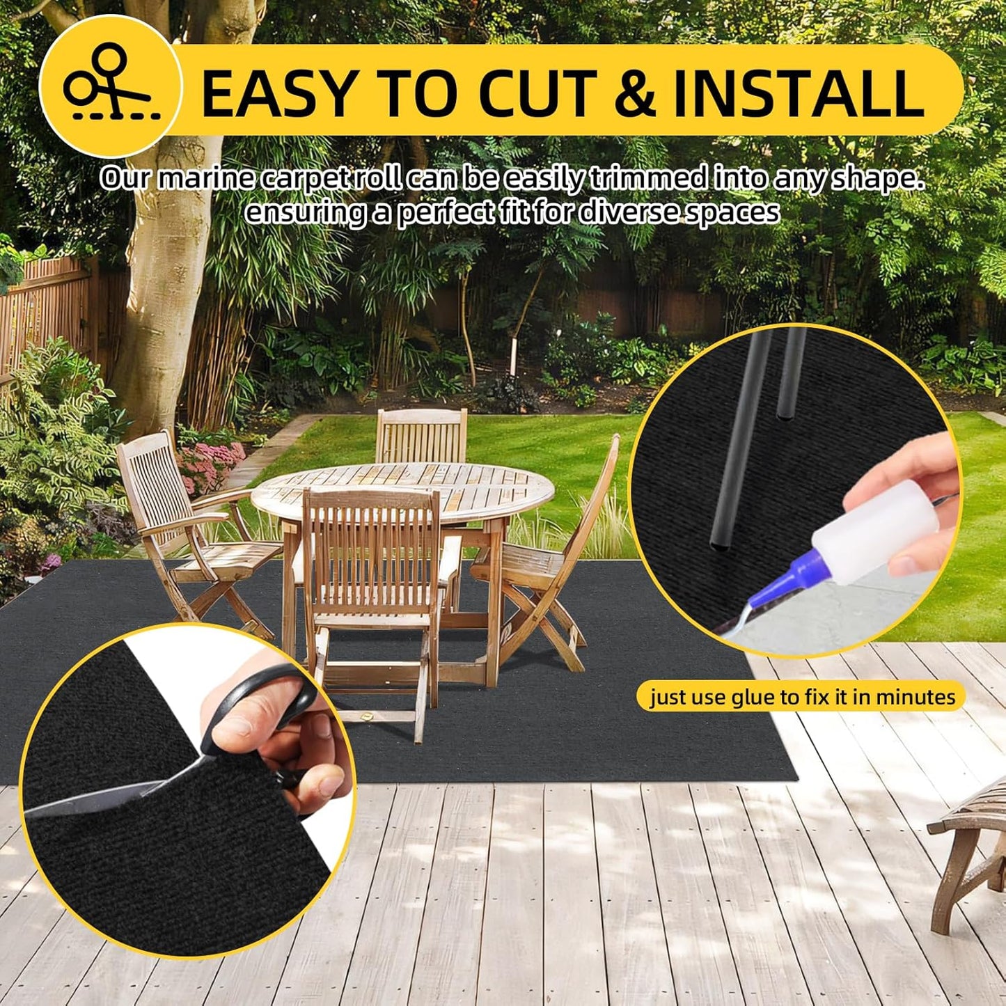 Marine Carpet,5 FT x 10 FT Black Indoor Outdoor Carpet 0.2" Thick Boat Carpet with Water-Proof TPE Backing, Non-Slide Outdoor Marine Carpet Roll for Home, Patio, Porch, Deck