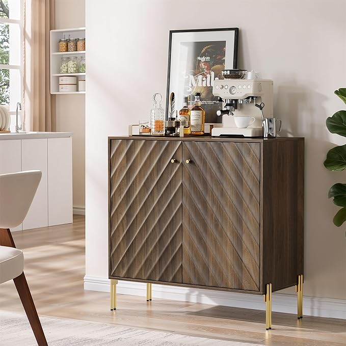 Sideboard Cabinet with Adjustable Shelf, Freestanding Walnut Buffet Cabinet with Storage, Wooden Storage Cabinet with Textured Diagonal Lines Doors for Living Room, Entryway, Console