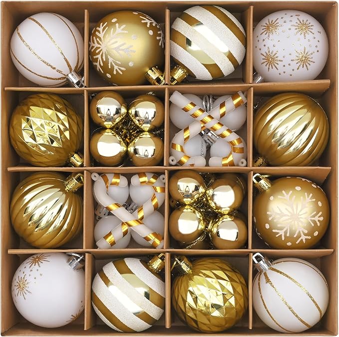 50Pcs Christmas Tree Ornaments - 2.36''/60mm Christmas Ball Ornaments Set for Xmas Tree Holiday Party Wedding Home Decorations (Gold & White)