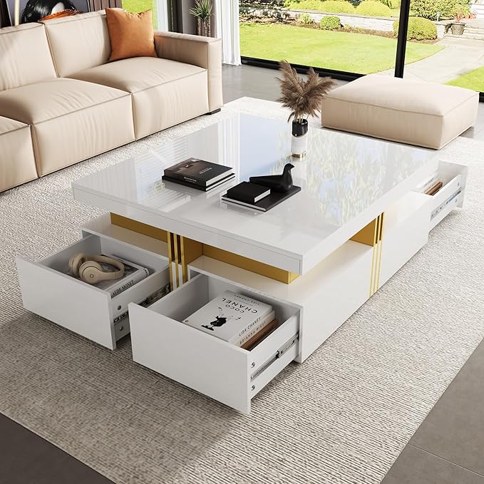 Merax 43.3" Modern Glossy Square Storage Coffee Table with 4 Drawers, Gold Accents, Functional Center Tables for Living Room Apartment, Glossy White