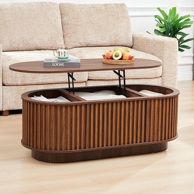 Oval Lift Top Coffee Table with Storage, 43.3”Mid Century Modern Center Table with Hidden Compartment, Fluted Wooden Lift Tabletop Dining Tables for Living Room Apartment Home Office,Walnut