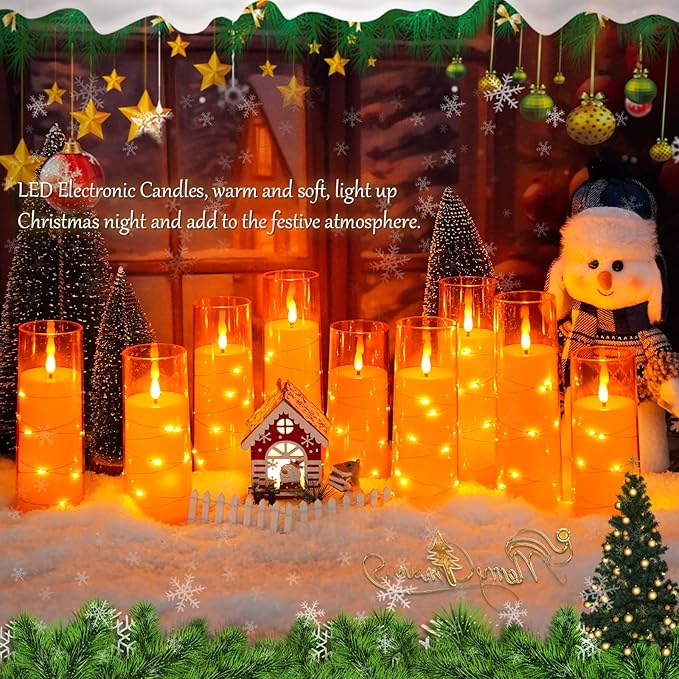 Flameless LED Candles with Timer 9 Pc Flickering Flameless Candles for Romantic Ambiance and Home Decoration Stable Acrylic Shell,with Embedded Star String,Battery Operated Candles(Orange)