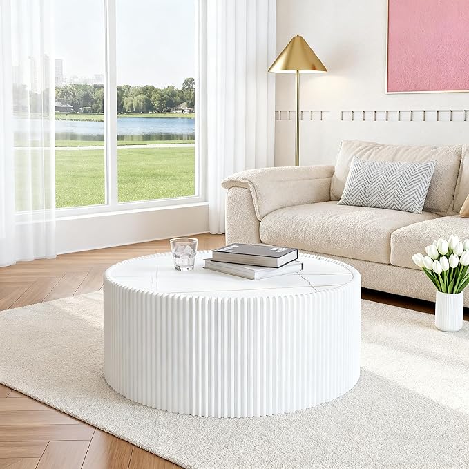 29.52" White Round Coffee Table, Drum Coffee Table with Sintered Stone Tabletop and Fluted PU Leather Covered and Stable Base, Circle Cocktail Tea Table for Living Room