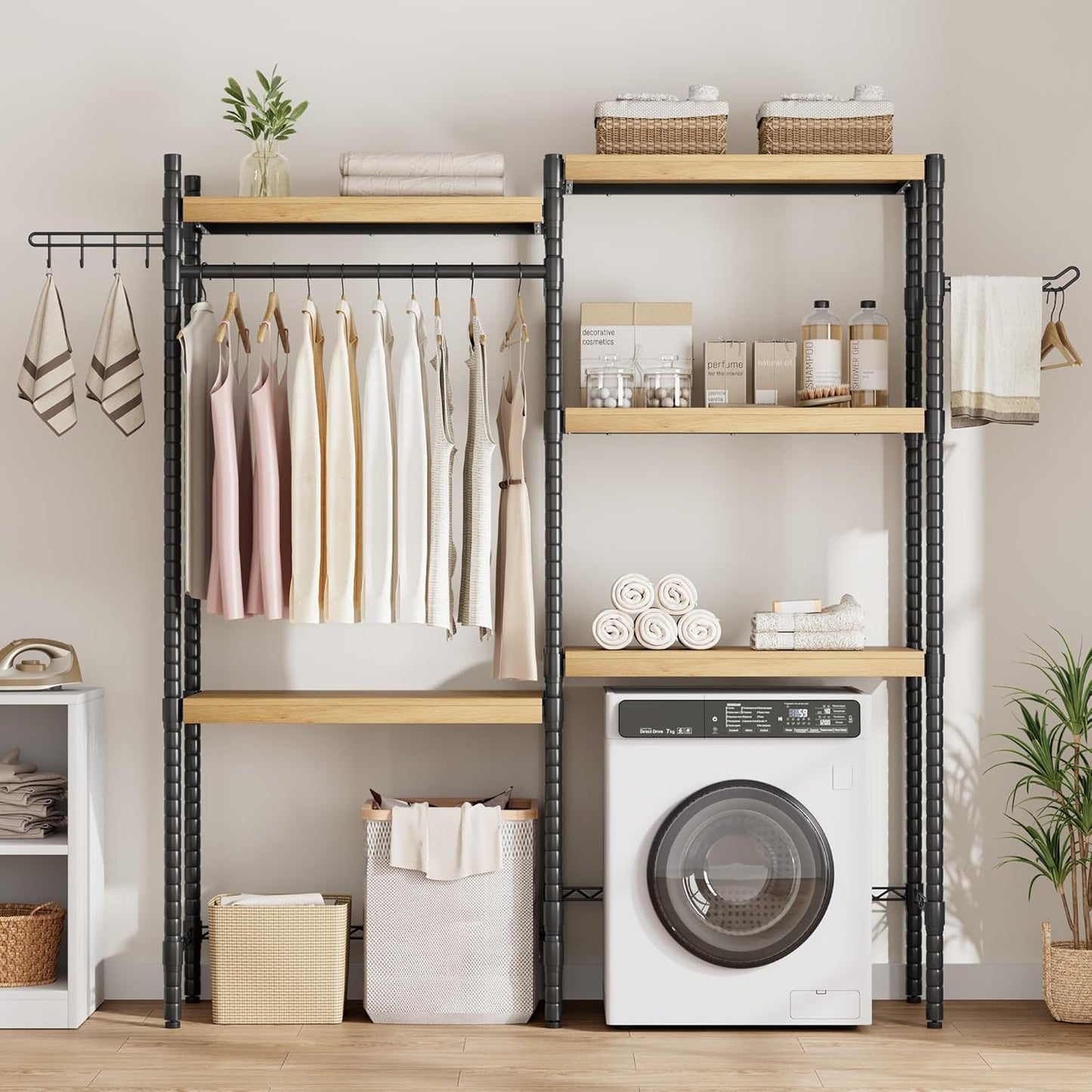 CABIHOME 5-Tier Over-The-Washer Shelf - Adjustable Height Laundry Organizer Space Saver, Double-Layer 100lb Shelves, 2 Hooks for Bathroom/Balcony (Natural& Black)