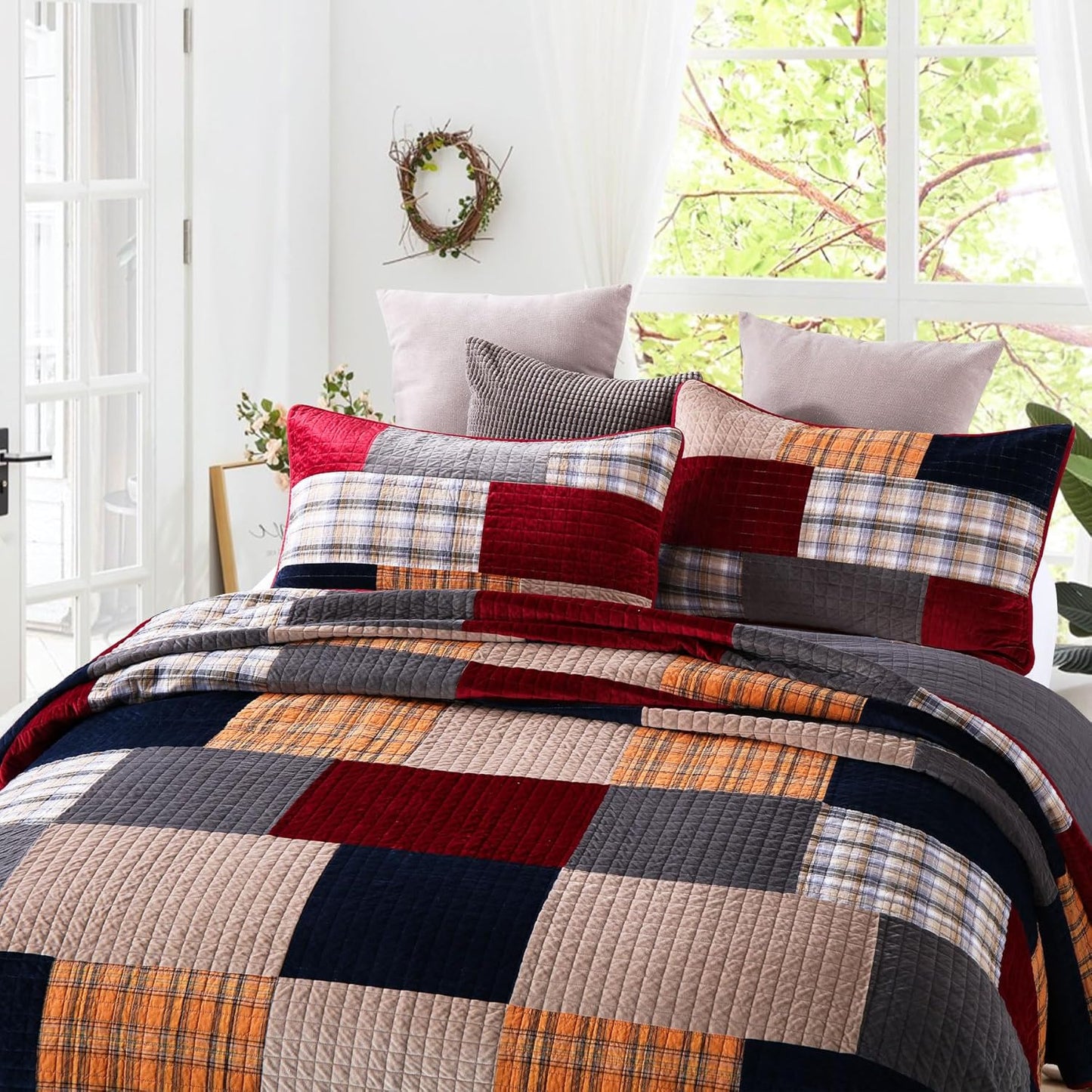 Secgo California King Comforter Set for Bed - 100% Cotton Quilts Cal King Size, Black Bedspreads (120 * 110 Inch) with 2 Pillow Shams, Patchwork Reversible Lightweight Bedding