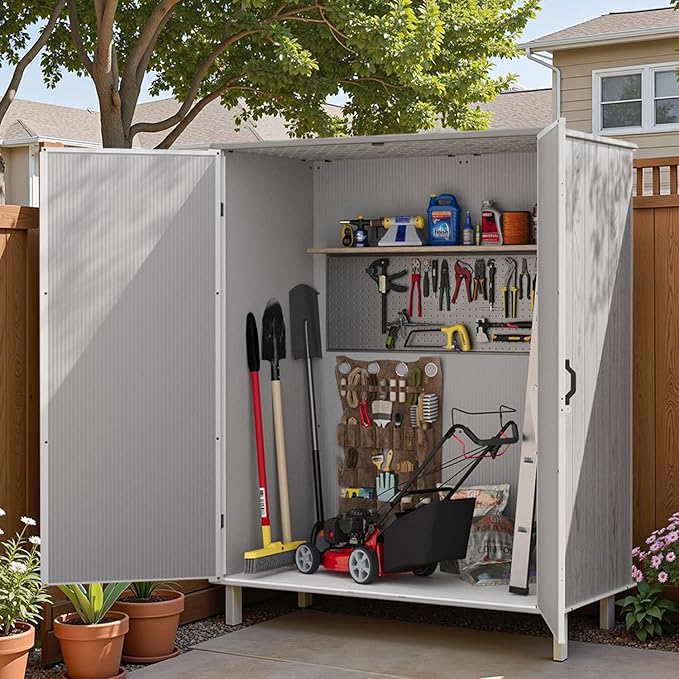 Patiowell 5x3 FT Outdoor Storage Shed with Floor, Plastic Vertical Storage Cabinet with Lockable Doors for Garden, Pool Storage, Tools and Patio Furnitrue Accessories, Light Gray