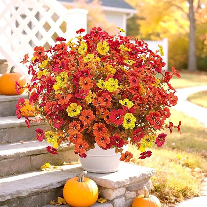 Artificial Flowers Outdoor Fall Mums, 12 Bundles Artificial Plants Outdoor Fake Mums Fall Flowers UV Resistant, Fake Plants Faux Silk Flowers for Porch Outside Planter Window Box Garden
