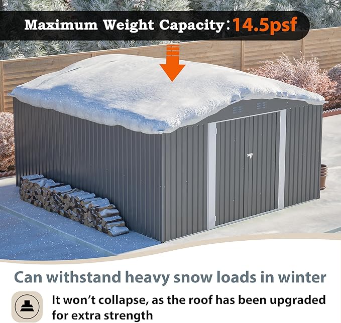 Mulinsonfly12x14 FT Outdoor Metal Storage Shed with Floor Frame, Extra-Large Steel Garden Tool Shed with Lockable Double Doors, Heavy-Duty Backyard Storage for Lawn Equipment, Bikes & Patio Furniture