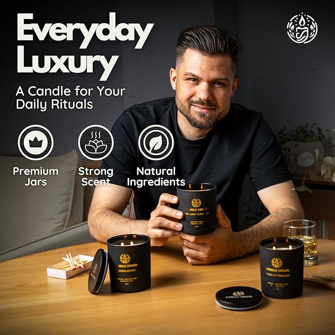 Mens Luxury Candles Christmas Gift Set – 3×10oz Masculine Scented Soy Wax Aromatherapy Candles – Sandalwood, Whiskey Tobacco, Mahogany Teakwood – Long Lasting, Non Toxic, Home, Office, Man Cave Decor