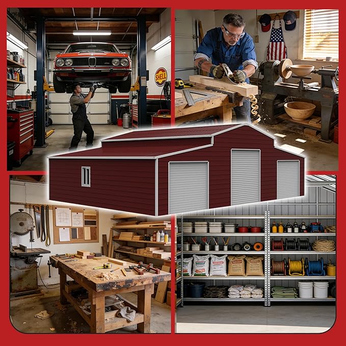 42×30FT Brown Metal Storage Shed Barn Garage, Heavy-Duty 14-Gauge Steel Building with Roller Doors, 26-Gauge Panels, Galvanized & Powder-Coated Outdoor Shelter for Farm,RV,Tractor,Tools