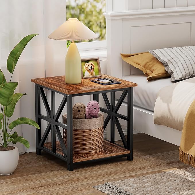 GreenForest End Table with 2-Tier Storage Shelf, 24 inch Large Side Table for Living Room, Modern Nightstand for Bedroom Bedside Office Farmhouse, Walnut