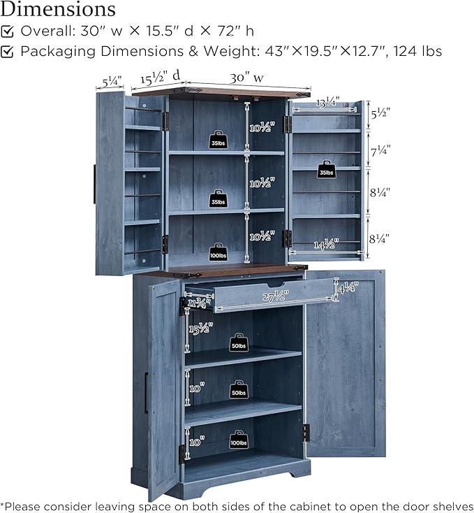 ACCOHOHO 72" Tall Kitchen Pantry, Farmhouse Storage Cabinet with Barn Doors, Organizer, Drawer and Adjustable Shelves, Rustic Wood Cupboard for Kitchen, Dining Room, Bathroom and Hallway, Rustic Blue