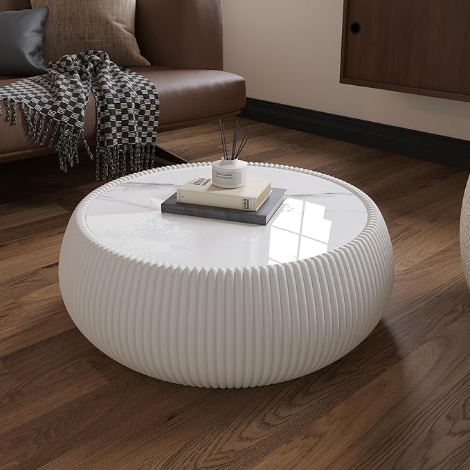 27.55" White Round Coffee Table, Drum Coffee Table with Sintered Stone Tabletop and Fluted PU Leather Covered and Stable Base, Circle Cocktail Tea Table for Living Room
