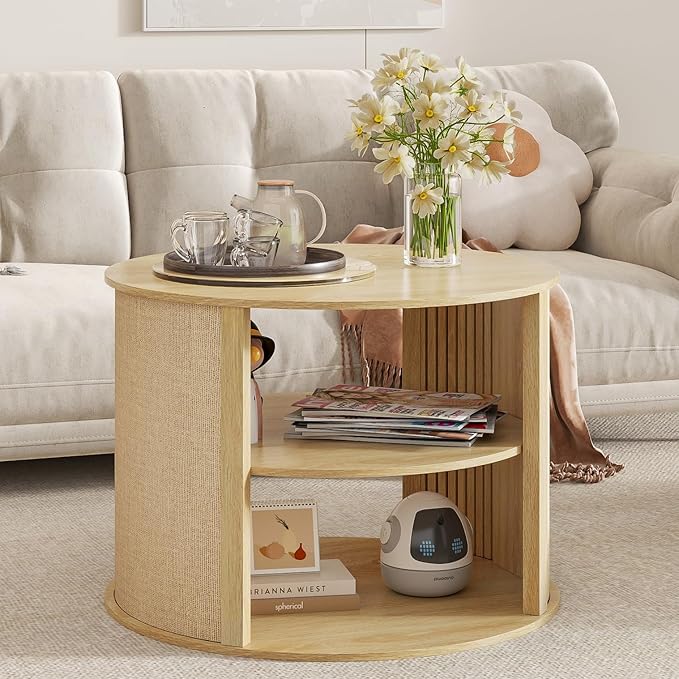 Wood Round Coffee Table with Storage, 2-Tier Boho Wooden Center Coffee Table with Adjustable Shelf, Sackcloth Finish, Farmhouse, for Living Room, 27.5 Inches