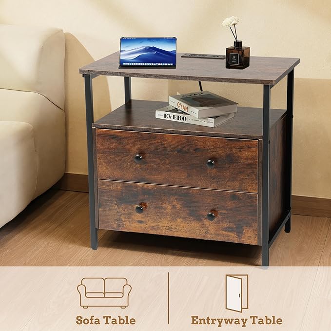 27 inch Wide Night Stand Set 2 with Charging Station, Bedside Table with Open Shelf, 2 Drawers Small Wood Dresser, Modern Wood Nightstand for Bedroom/Living Room (Retro Brown)