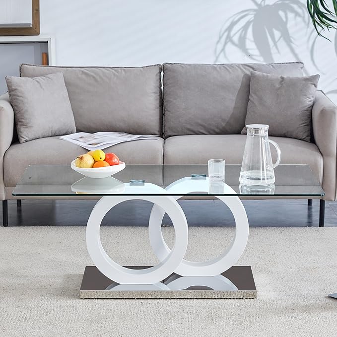 Modern Glass Coffee Table, 47” White Rectangular Coffee Table for Living Room, Clear Center Table with Tempered Glass Top and Glossy White Base