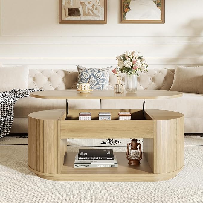 Oval Lift Coffee Table, 43 Inch Lift Top Coffee Table with Storage for Living Room, 2-Tier Rustic Lift Up Tabletop Mid Century Center Tables with Hidden Compartment for Apartment, Light Oak Brown
