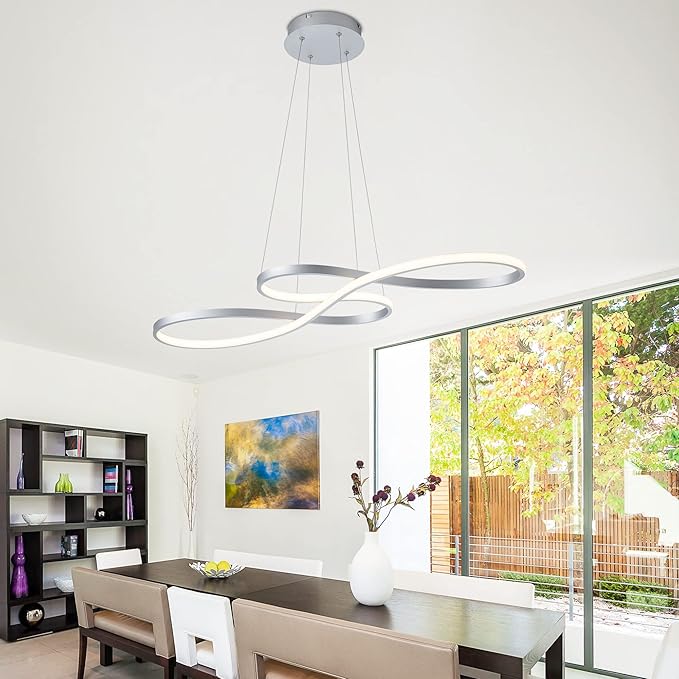 Modern LED Chandelier Dining Room Pendant Light Dimmable Creative Chandelier Remote Control Color/Brightness 3000-6000K Adjustable Hanging Lamp for Bedroom Living Room Kitchen 50W (Silver)