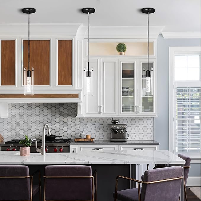 Pendant Ceiling Light Fixture, LED Kitchen Lighting Crystal Pendant Lights Kitchen Island, 1-Light Integrated Kitchen Hanging Light Fixture Modern Island Light with Bubble Glass Three Pack
