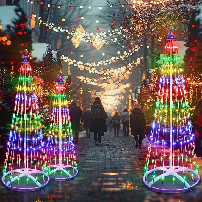 2 Pack 6ft Outdoor Christmas LED Cone Tree Lights Decorations 24 Modes Color Changing with Timer Foldable Lighted Yard Trees Waterproof String Lights Holiday Decor for Christmas New Year Xmas