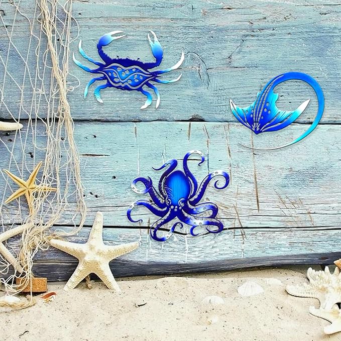 Weibefee Metal Wall Art Decor Octopus Crab Manta Ray Coastal Nautical Ocean Christmas Decor Concise 9'' Set of 3 Hanging Christmas Decorations Gift for Bathroom Beach Indoor Outdoor Pool Home Bedroom Living Room Blue