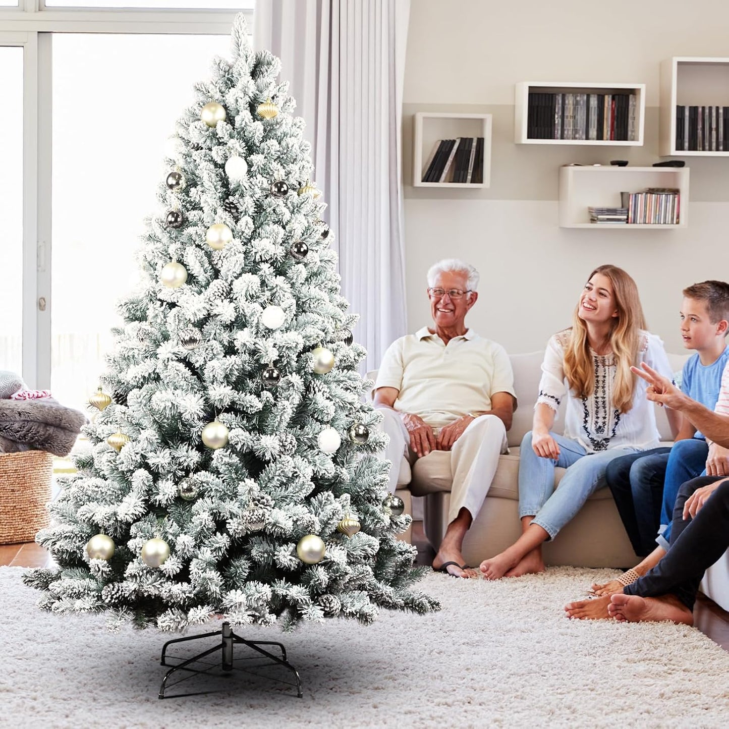 7ft Snow Flocked Christmas Tree, Premium Hinged Unlit Artificial Christmas Pine Tree with Pine Cone, Artificial Xmas Tree for Home Office Store, Metal Stand and Hinged Branches