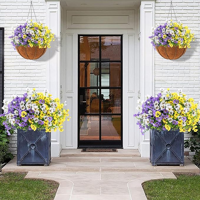 Geegoods 24 Bundles Artificial Flowers Outdoor – Fake Pansy Flowers UV Resistant Plastic Faux Pansies for Front Door Garden Porch Window Box Patio Home Decor