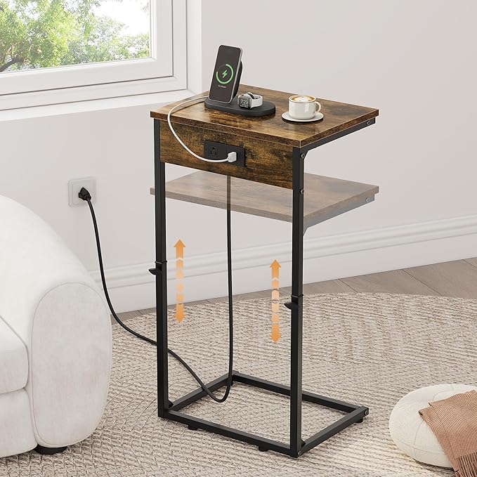 Vagusicc C Shaped End Table with Charging Station, Adjustable Height Side Table for Couch, Small Side Table, 33.2'' Tall Couch Tables That Slide Under, Tv Tray End Table for Living Room, Rustic Brown