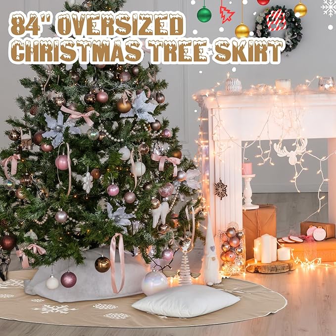 84 Inch Large Christmas Tree Skirt, Burlap Tree Skirt White Snowflake Xmas Mat for Christmas Home Farmhouse Holiday Indoor Outdoor Decoration