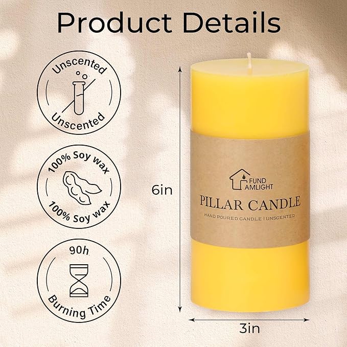 3x6 Inch Yellow Pillar Candles Set of 3 - Decorative Unscented Pillar Candles, Long Burning Dripless Candles for Table Decor, Smokeless Large Pillar Candle for Wedding, Dinner, Rustic Home Decor