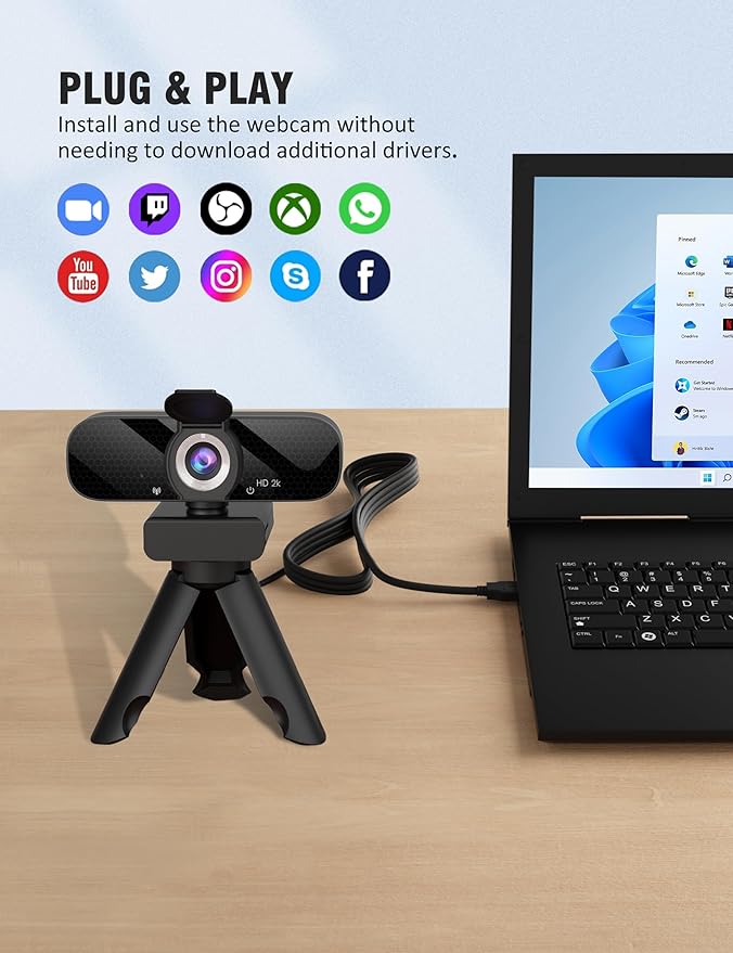 Tewiky Full HD Webcam with Built-in Microphone and Rotatable Tripod, 2K Video and Wide Angle Camera, Privacy Cover, for Desktop PC or Laptop Computer