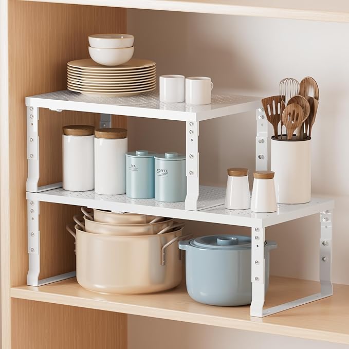 Metal Stackable Expandable Storage Shelf - Multi-Functional Home Storage Shelf, Suitable for Kitchen, Cabinet,Bathroom, Office, Garage, etc.(3PACKS/White/Medium