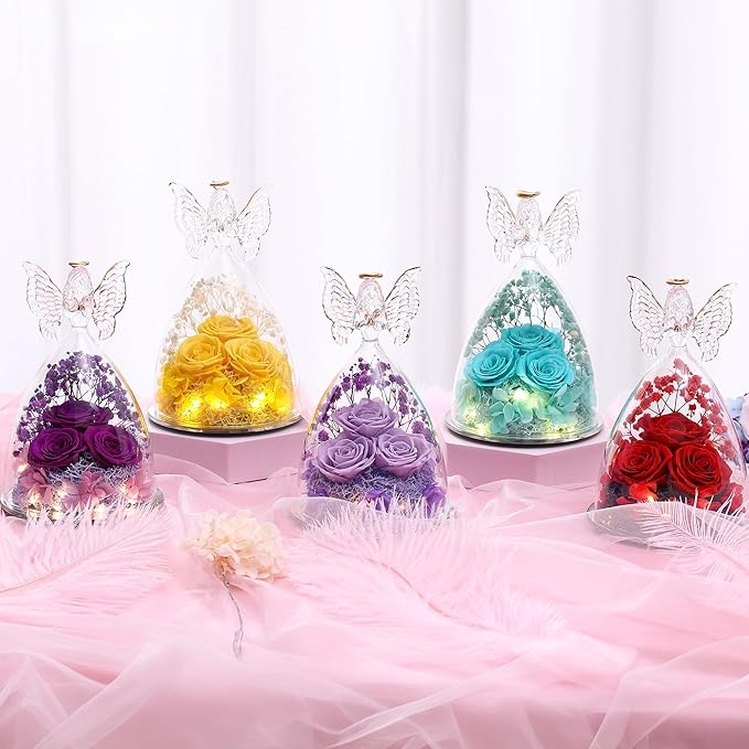 Christmas Rose Gifts for Women Preserved Real Flower in Glass Angel Figurines Roses for Delivery Prime Birthday Gifts for Mom Grandma Girlfriend Wife Her - Red